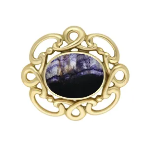 9ct Yellow Gold Blue John Twisted Rope Edge Brooch