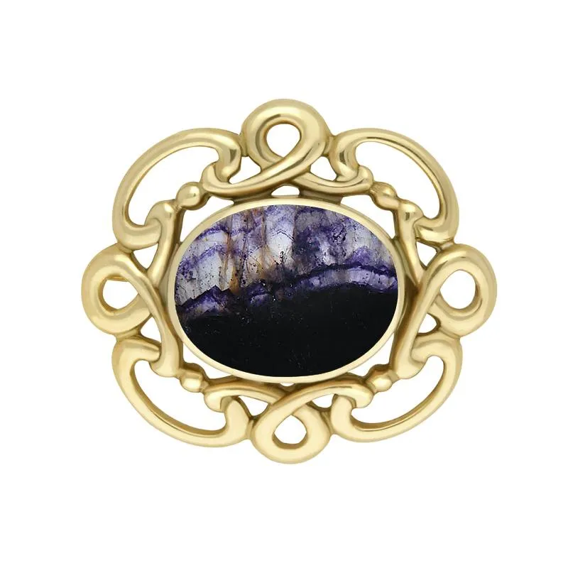 9ct Yellow Gold Blue John Twisted Rope Edge Brooch