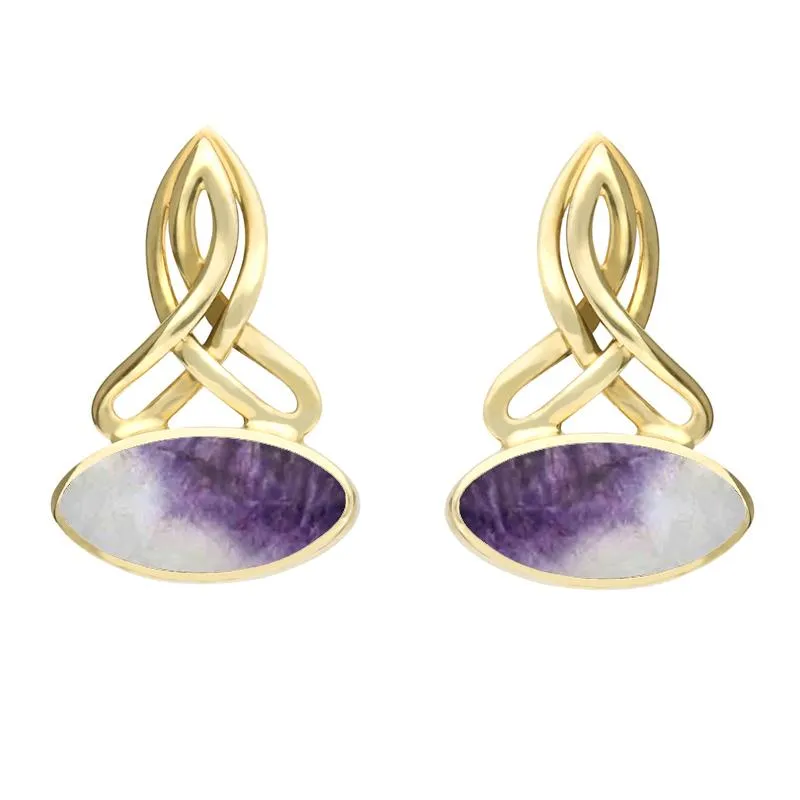 9ct Yellow Gold Blue John Wide Marquise Celtic Stud Earrings