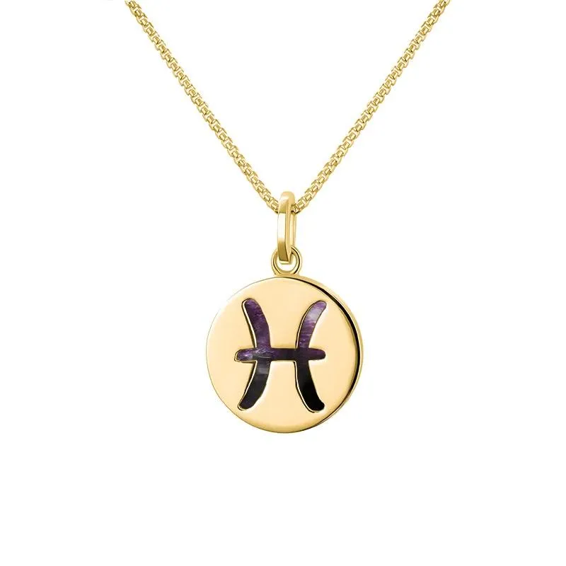 9ct Yellow Gold Blue John  Zodiac Pisces Round Necklace
