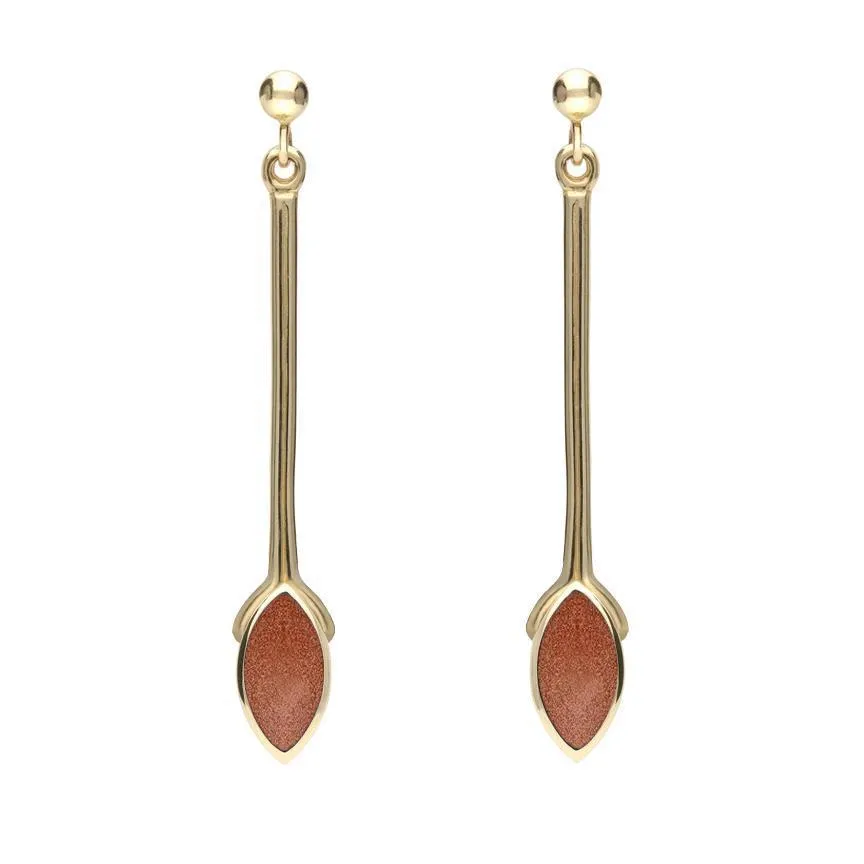 9ct Yellow Gold Brown Goldstone Long Marquise Drop Earrings