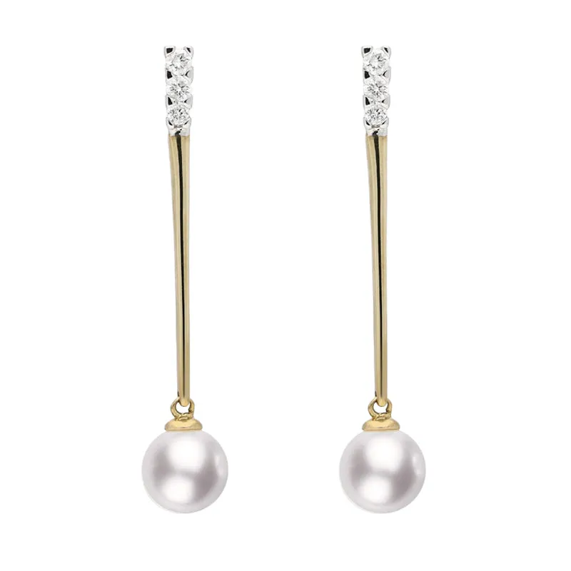 9ct Yellow Gold Diamond Pearl Drop Earrings