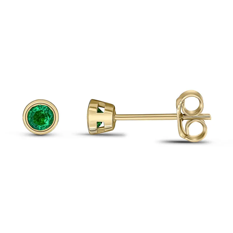 9ct Yellow Gold Emerald 3mm Round Rub Over Set Stud Earrings