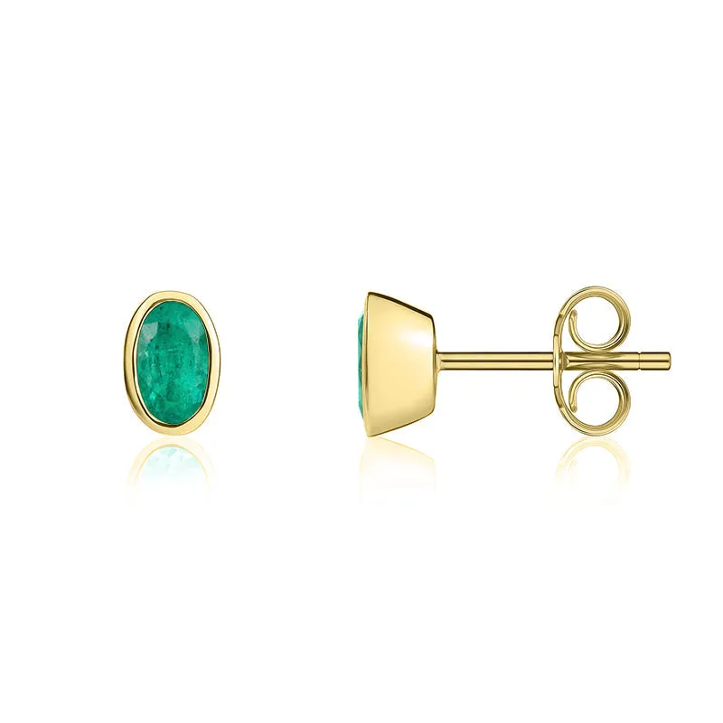 9ct Yellow Gold Emerald 5x3mm Oval Rub Over Set Stud Earrings