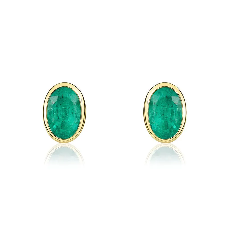 9ct Yellow Gold Emerald 5x3mm Oval Rub Over Set Stud Earrings