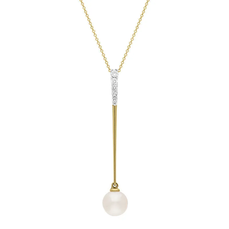 9ct Yellow Gold Freshwater Pearl 0.18ct Diamond Drop Necklace D