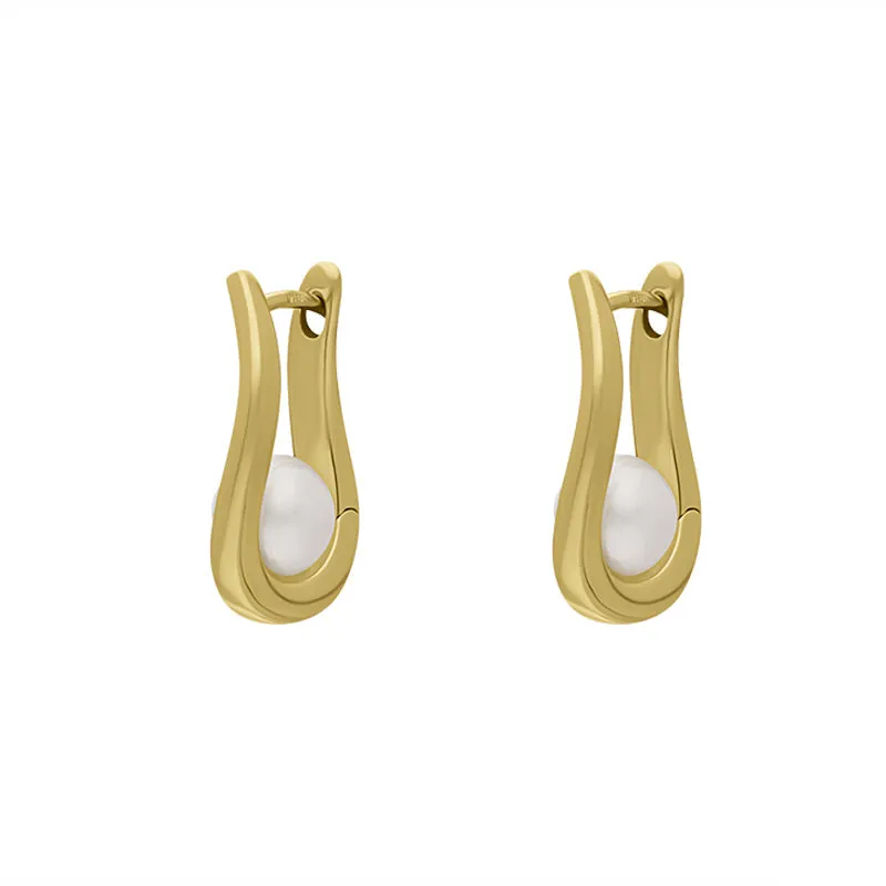 9ct Yellow Gold Freshwater Pearl Long Oval Hoop Earrings