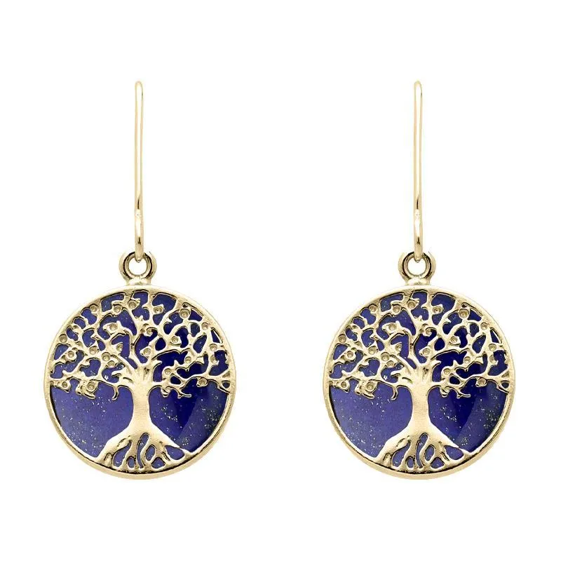 9ct Yellow Gold Lapis Lazuli Round Tree of Life Drop Earrings