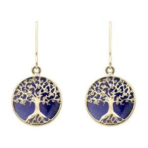 9ct Yellow Gold Lapis Lazuli Round Tree of Life Drop Earrings