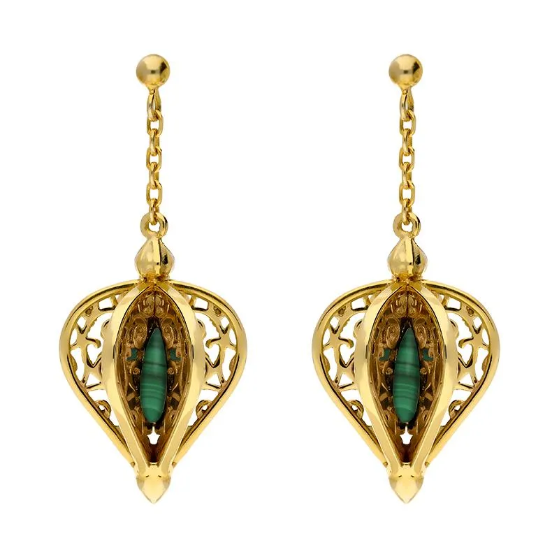 9ct Yellow Gold Malachite Flore Filigree Drop Earrings
