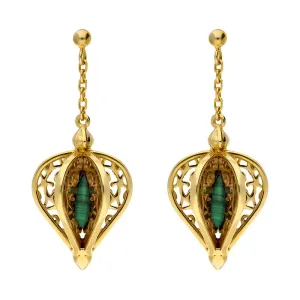 9ct Yellow Gold Malachite Flore Filigree Drop Earrings
