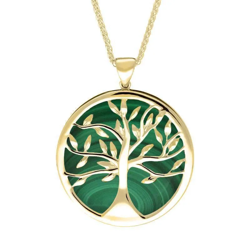 9ct Yellow Gold Malachite Large Round Tree of Life Necklace