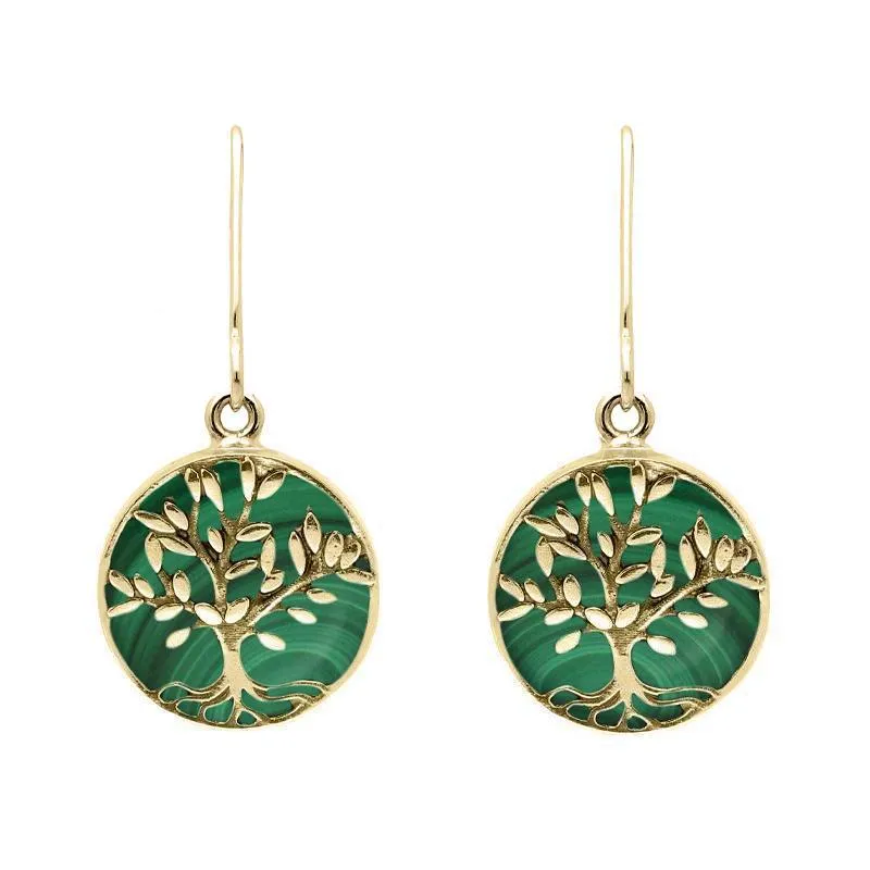 9ct Yellow Gold Malachite Round Large Tree of Life Leaves Drop Earrings
