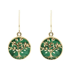 9ct Yellow Gold Malachite Round Large Tree of Life Leaves Drop Earrings