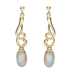 9ct Yellow Gold Opal Jet Scroll Drop Earrings