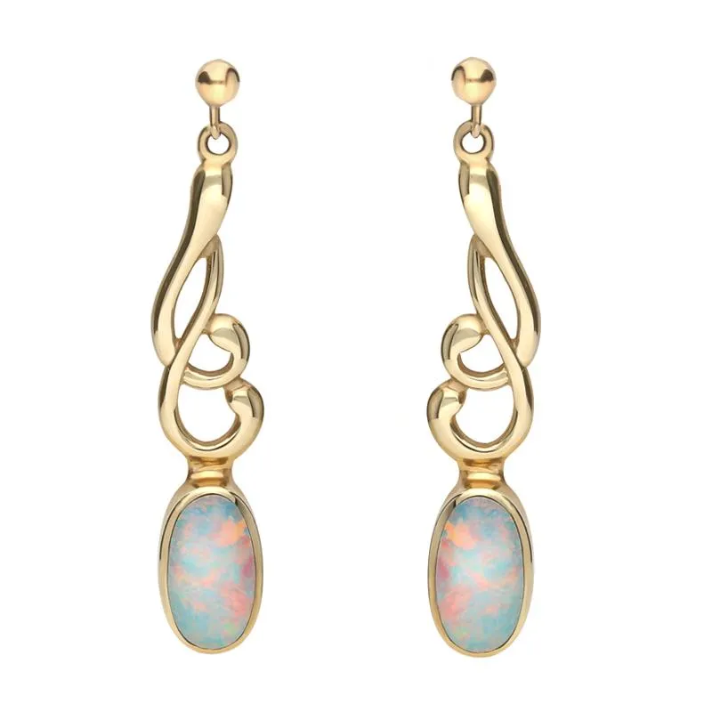 9ct Yellow Gold Opal Jet Scroll Drop Earrings