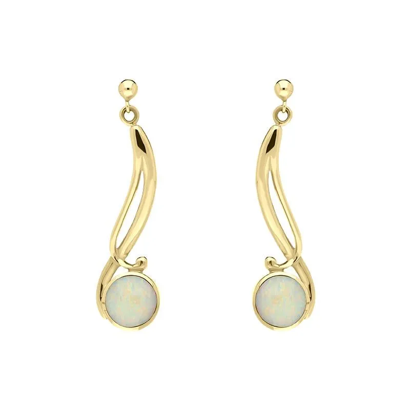 9ct Yellow Gold Opal Round Scroll Drop Earrings