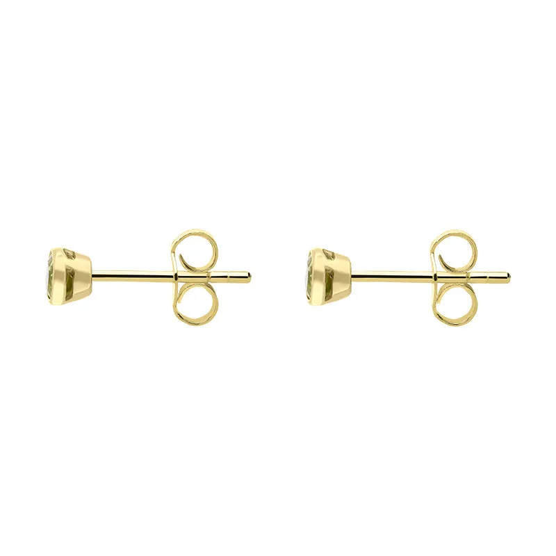 9ct Yellow Gold Peridot 3mm Round Rub Over Set Stud Earrings D
