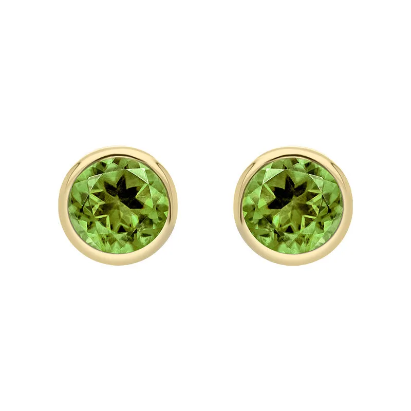 9ct Yellow Gold Peridot 3mm Round Rub Over Set Stud Earrings D