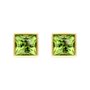 9ct Yellow Gold Peridot 4mm Princess Cut Rub Over Set Stud Earrings