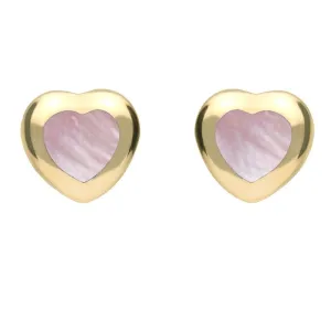 9ct Yellow Gold Pink Mother Of Pearl Framed Heart Stud Earrings