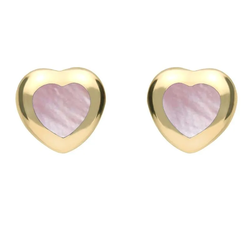 9ct Yellow Gold Pink Mother Of Pearl Framed Heart Stud Earrings