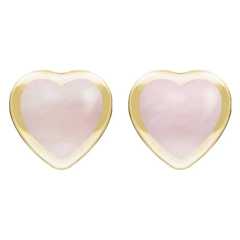 9ct Yellow Gold Pink Mother Of Pearl Large Framed Heart Stud Earrings