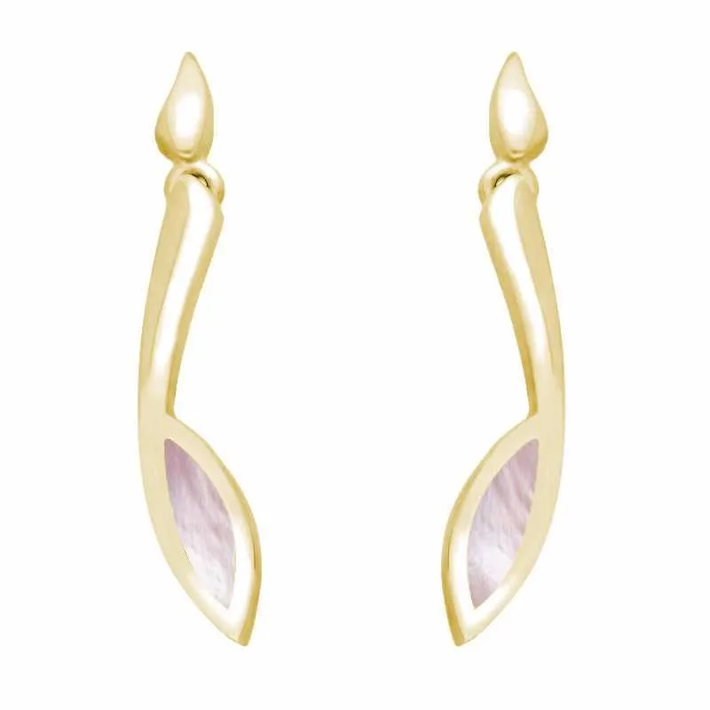 9ct Yellow Gold Pink Mother Of Pearl Toscana Long Marquise Drop Earrings