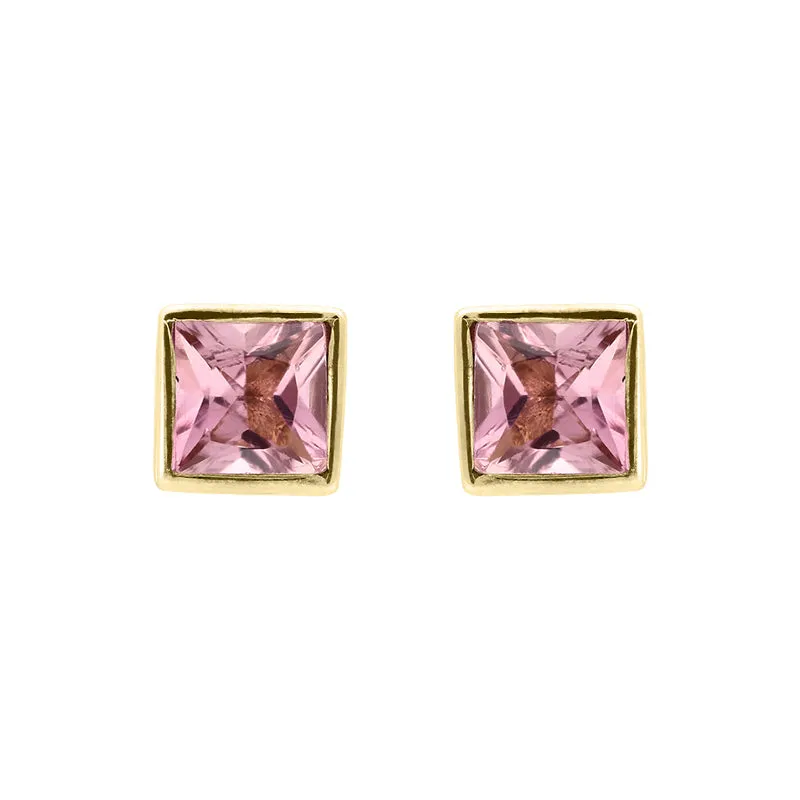 9ct Yellow Gold Pink Tourmaline Princess Cut 3mm Stud Earrings