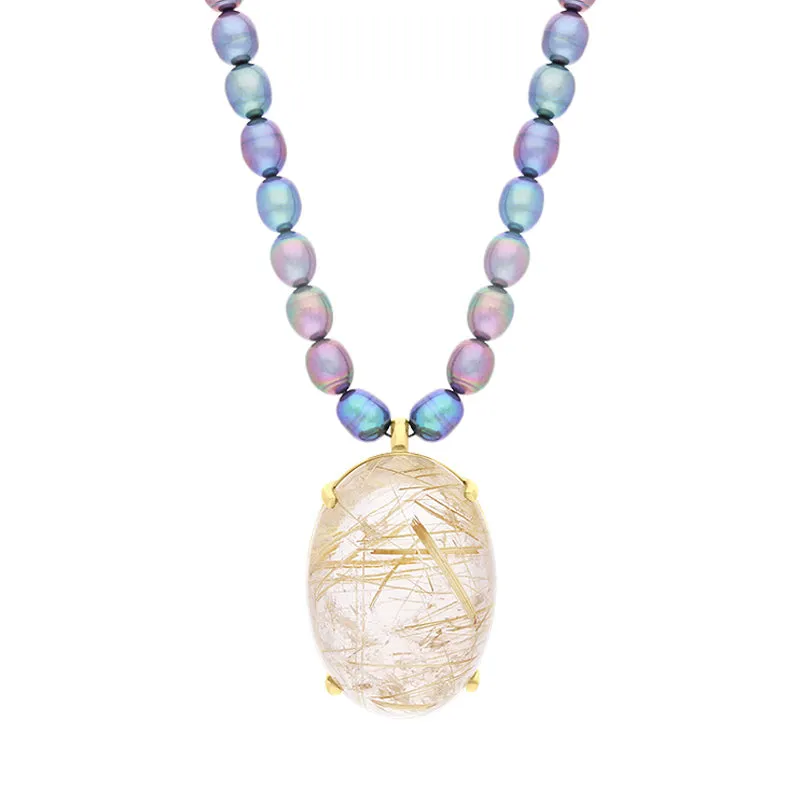 9ct yellow Gold Rutilated Quartz Black Freshwater Pearl Necklace D