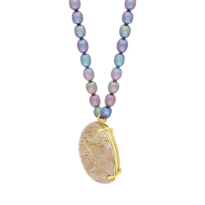 9ct yellow Gold Rutilated Quartz Black Freshwater Pearl Necklace D