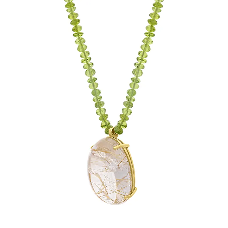 9ct yellow Gold Rutilated Quartz Peridot Beaded Necklace D