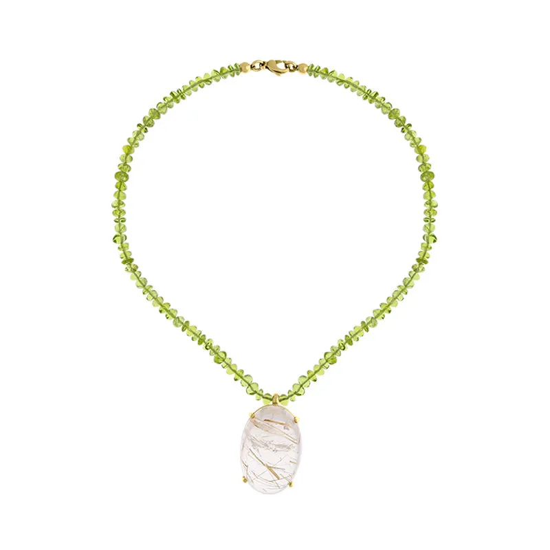 9ct yellow Gold Rutilated Quartz Peridot Beaded Necklace D