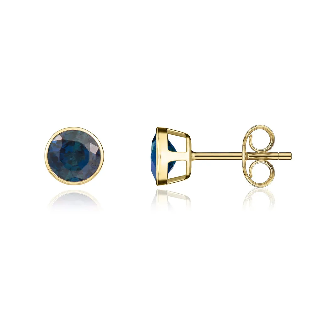 9ct Yellow Gold Sapphire 5mm Round Rub Over Set Stud Earrings