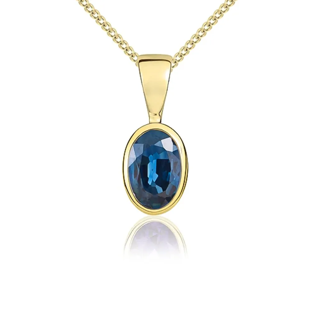 9ct Yellow Gold Sapphire 6x4mm Oval Rub Over Set Pendant