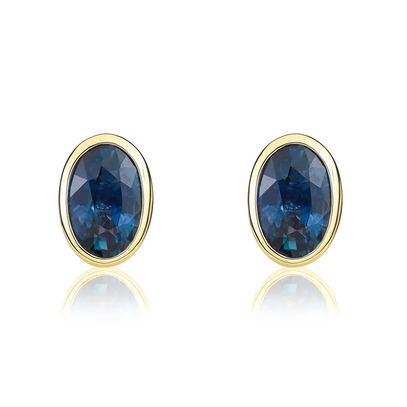 9ct Yellow Gold Sapphire 6x4mm Oval Rub Over Set Stud Earrings