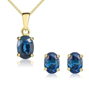 9ct Yellow Gold Sapphire 7x5mm Oval Claw Set Pendant and Stud Earrings Set