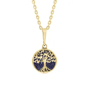 9ct Yellow Gold Small Blue Goldstone Round Tree of Life Necklace