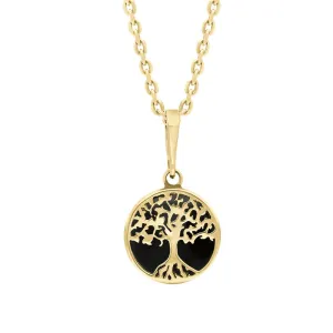 9ct Yellow Gold Small Whitby Jet Round Tree of Life Necklace