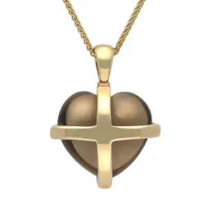 9ct Yellow Gold Smokey Quartz Cross Heart Necklace