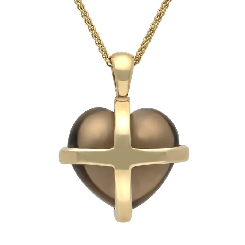 9ct Yellow Gold Smokey Quartz Cross Heart Necklace
