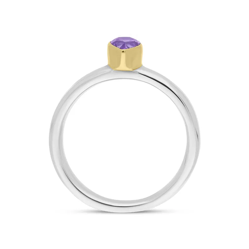 9ct Yellow Gold Sterling Silver Amethyst Stepping Stones 5x7mm Pear Cut Bezel Set Ring