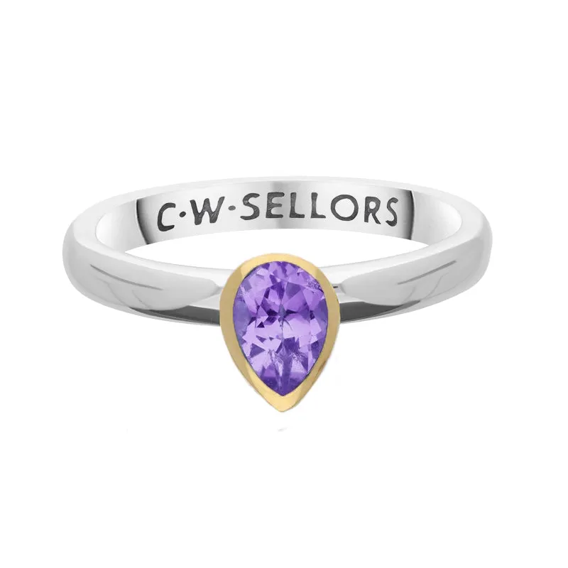 9ct Yellow Gold Sterling Silver Amethyst Stepping Stones 5x7mm Pear Cut Bezel Set Ring