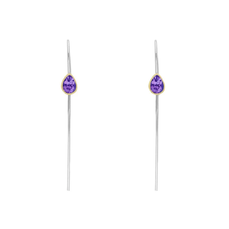 9ct Yellow Gold Sterling Silver Amethyst Stepping Stones 5x7mm Pear Drop Hook Earrings