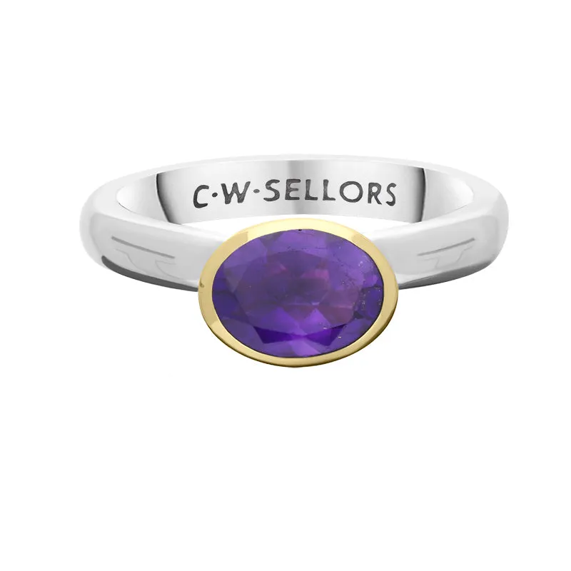 9ct Yellow Gold Sterling Silver Amethyst Stepping Stones 6x8mm Oval Bezel Set Ring