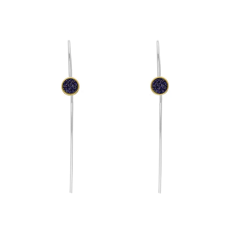 9ct Yellow Gold Sterling Silver Blue Goldstone Stepping Stones 5mm Round Hook Earrings