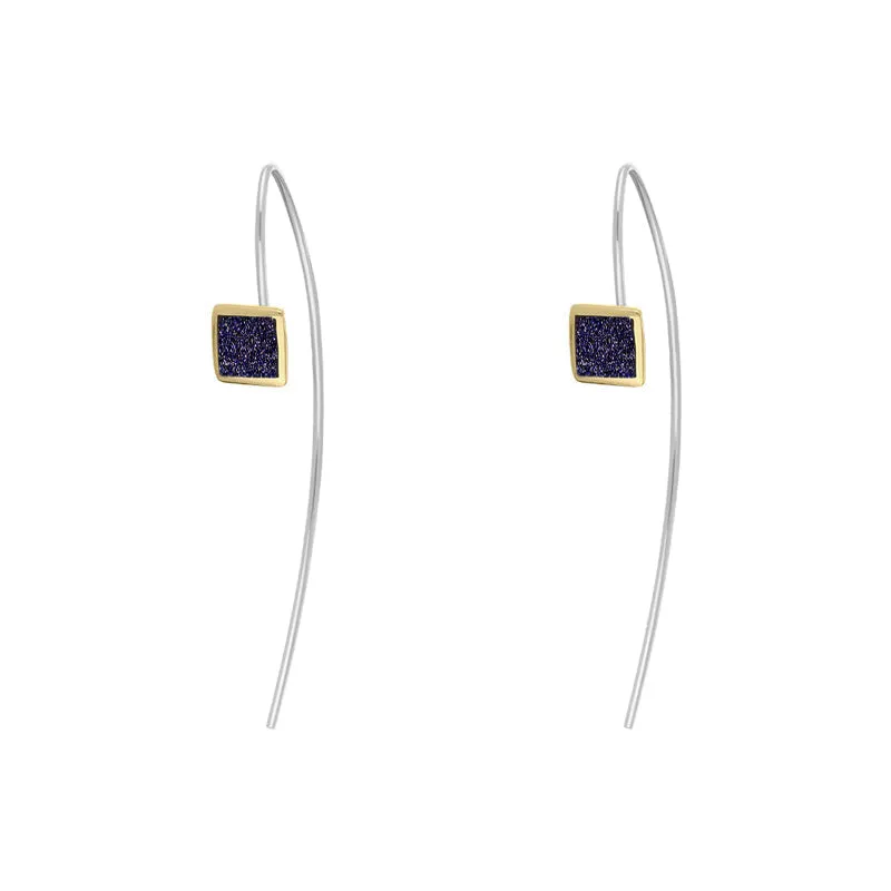 9ct Yellow Gold Sterling Silver Blue Goldstone Stepping Stones 5mm Square Hook Earrings