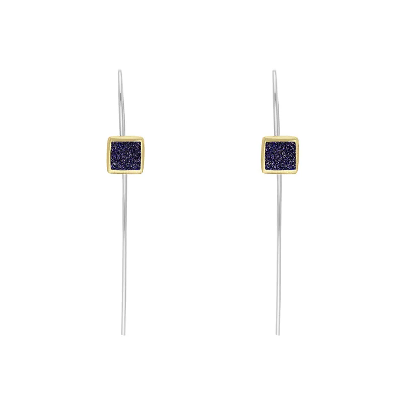 9ct Yellow Gold Sterling Silver Blue Goldstone Stepping Stones 5mm Square Hook Earrings