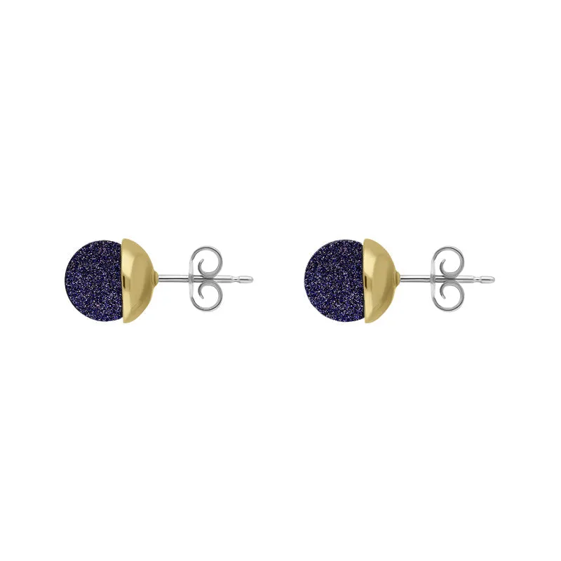 9ct Yellow Gold Sterling Silver Blue Goldstone Stepping Stones Bead Cup Stud Earrings