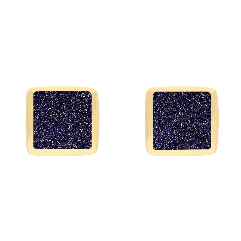 9ct Yellow Gold Sterling Silver Blue Goldstone Stepping Stones Square Stud Earrings